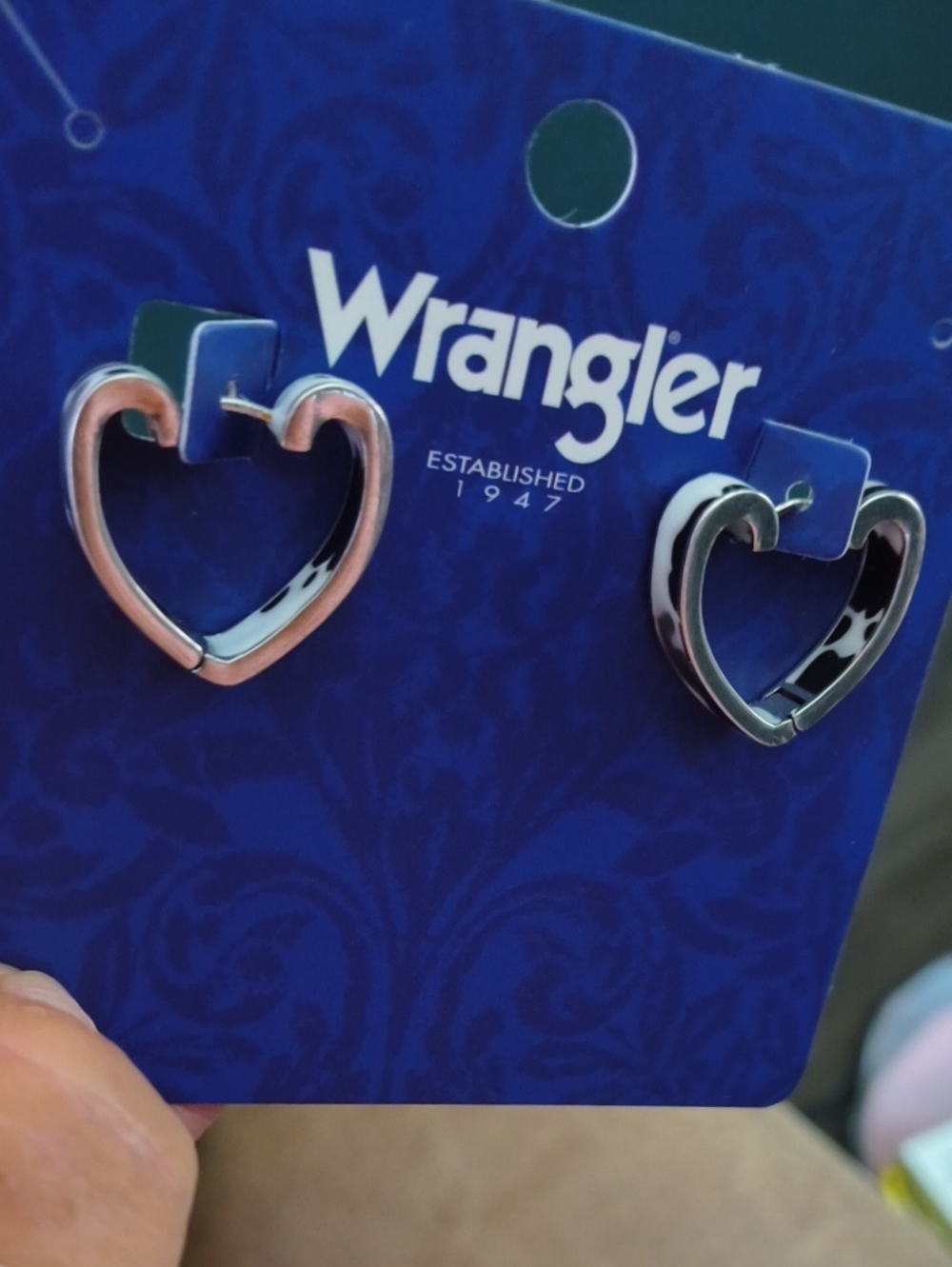 Wrangler Silver Heart Hoop Earrings - Polished Silver Hearts With Cow Print